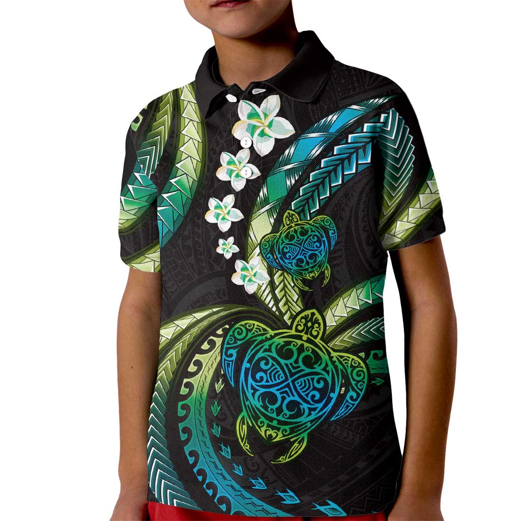 Hawaii Turtles Plumeria Kid Polo Shirt Chartreuse Cyan Polynesian Pattern
