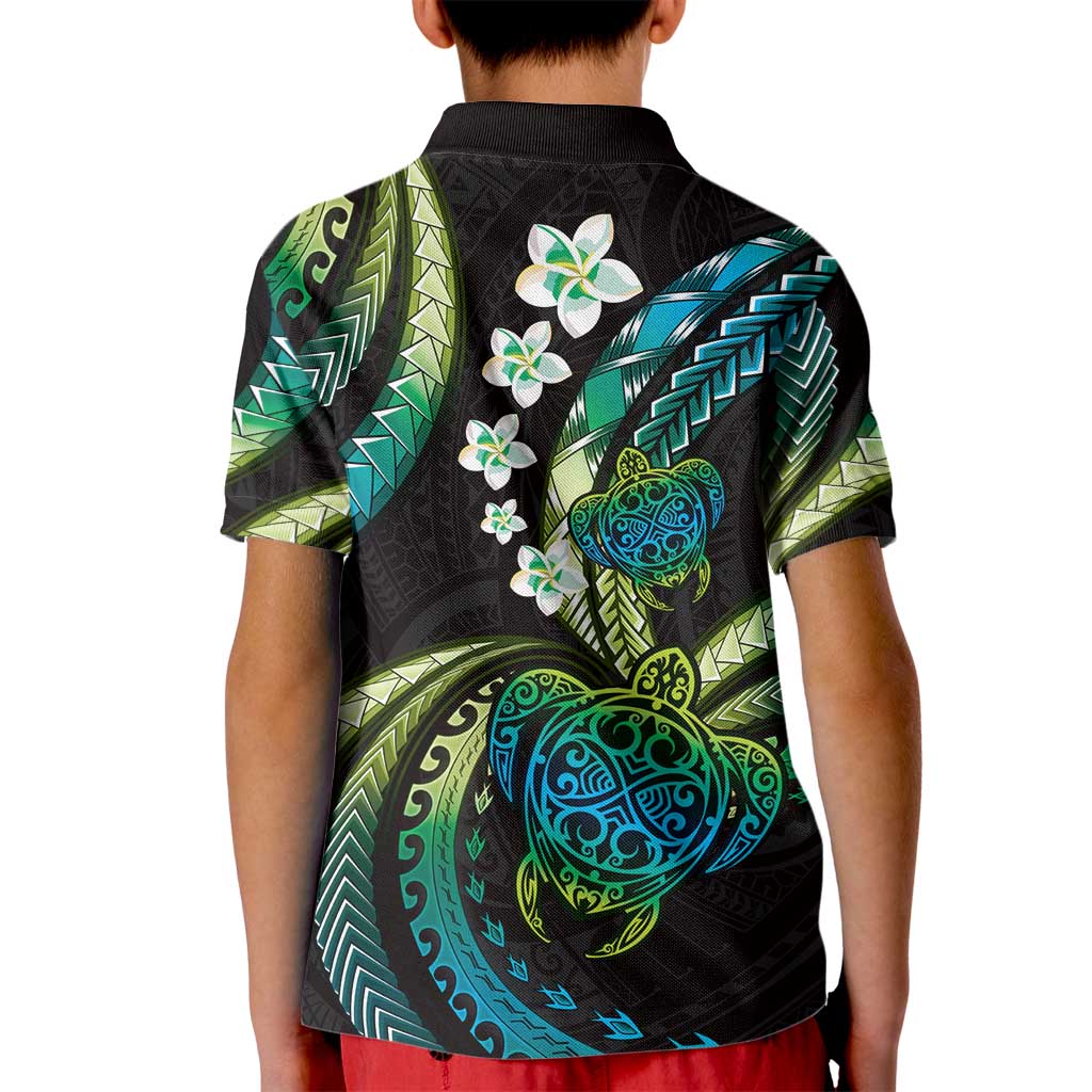 Hawaii Turtles Plumeria Kid Polo Shirt Chartreuse Cyan Polynesian Pattern