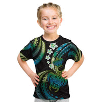 Hawaii Turtles Plumeria Kid T Shirt Chartreuse Cyan Polynesian Pattern