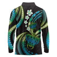 Hawaii Turtles Plumeria Long Sleeve Polo Shirt Chartreuse Cyan Polynesian Pattern