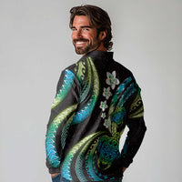 Hawaii Turtles Plumeria Long Sleeve Polo Shirt Chartreuse Cyan Polynesian Pattern