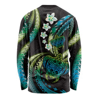 Hawaii Turtles Plumeria Long Sleeve Shirt Chartreuse Cyan Polynesian Pattern