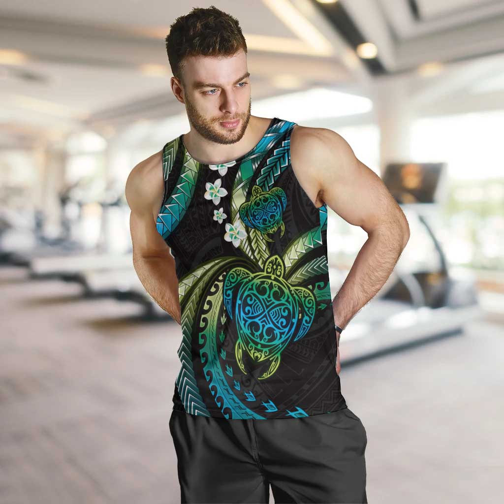 Hawaii Turtles Plumeria Men Tank Top Chartreuse Cyan Polynesian Pattern