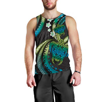 Hawaii Turtles Plumeria Men Tank Top Chartreuse Cyan Polynesian Pattern