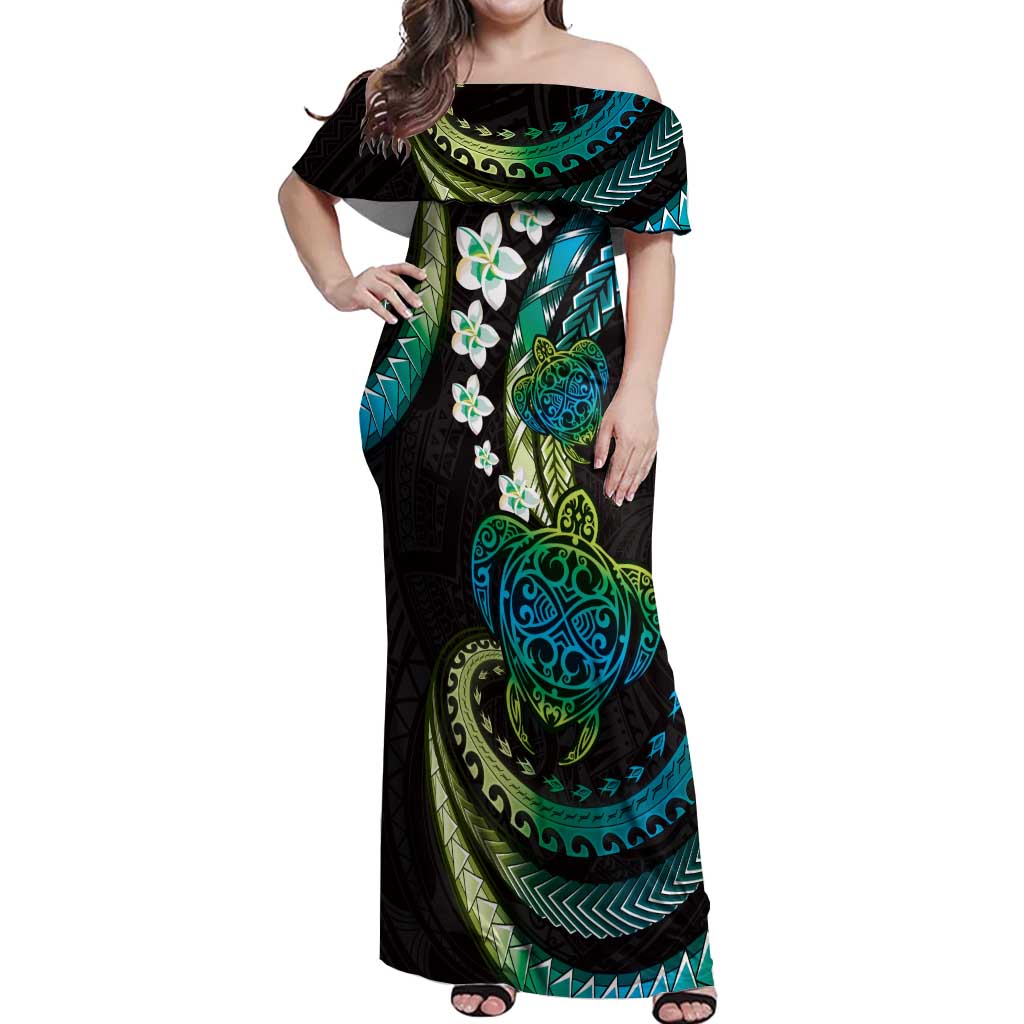Hawaii Turtles Plumeria Off Shoulder Maxi Dress Chartreuse Cyan Polynesian Pattern