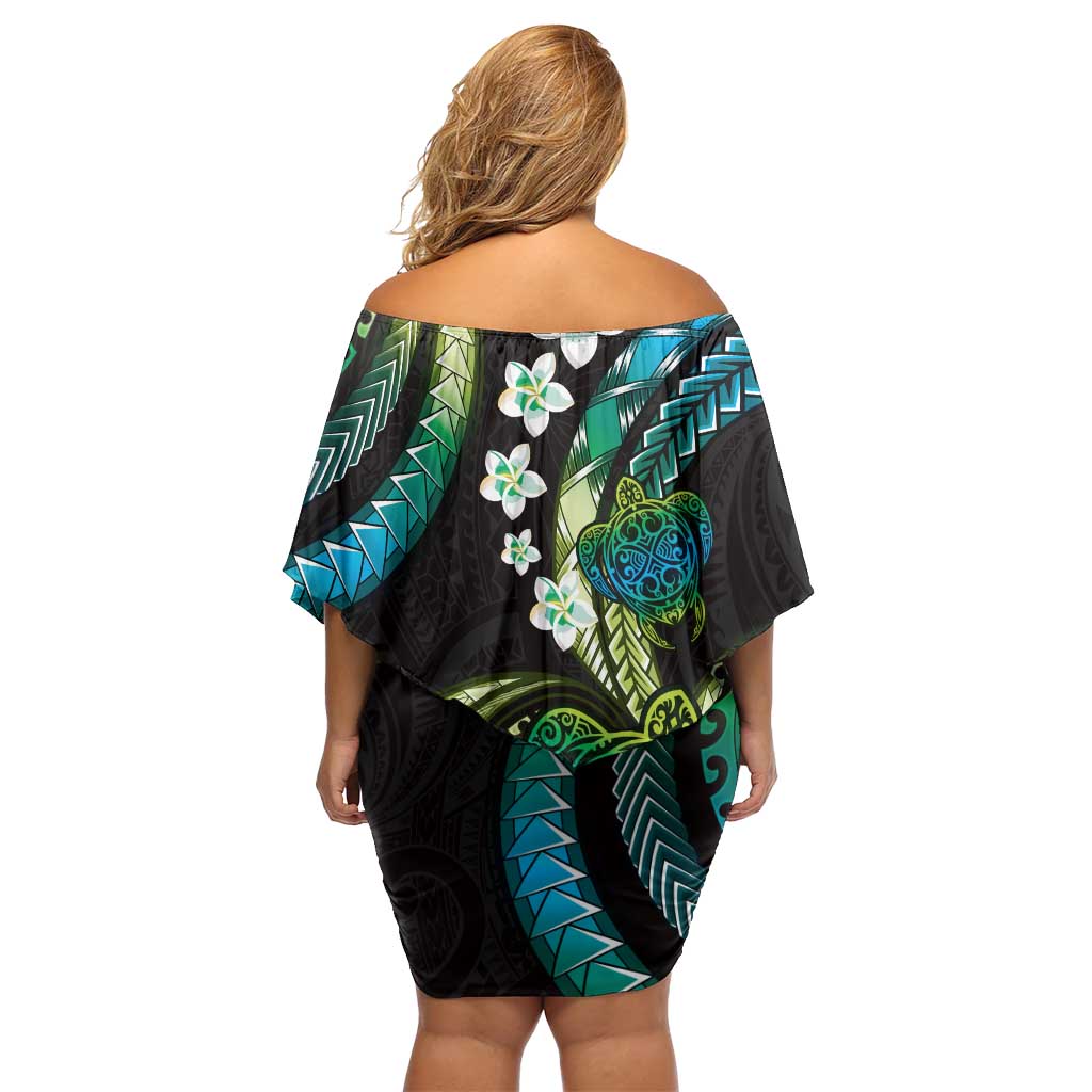 Hawaii Turtles Plumeria Off Shoulder Short Dress Chartreuse Cyan Polynesian Pattern