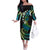 Hawaii Turtles Plumeria Off The Shoulder Long Sleeve Dress Chartreuse Cyan Polynesian Pattern