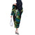 Hawaii Turtles Plumeria Off The Shoulder Long Sleeve Dress Chartreuse Cyan Polynesian Pattern