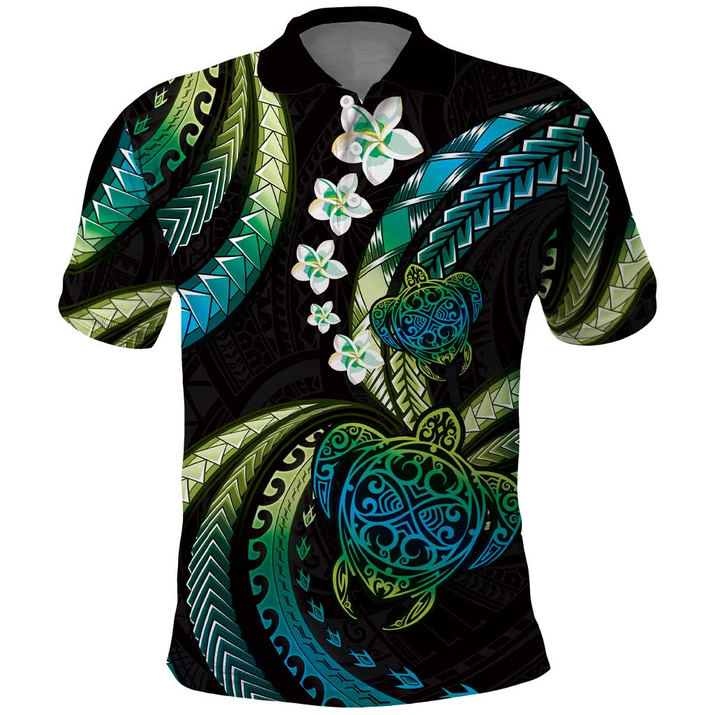 Hawaii Turtles Plumeria Polo Shirt Chartreuse Cyan Polynesian Pattern