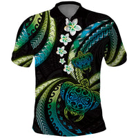 Hawaii Turtles Plumeria Polo Shirt Chartreuse Cyan Polynesian Pattern