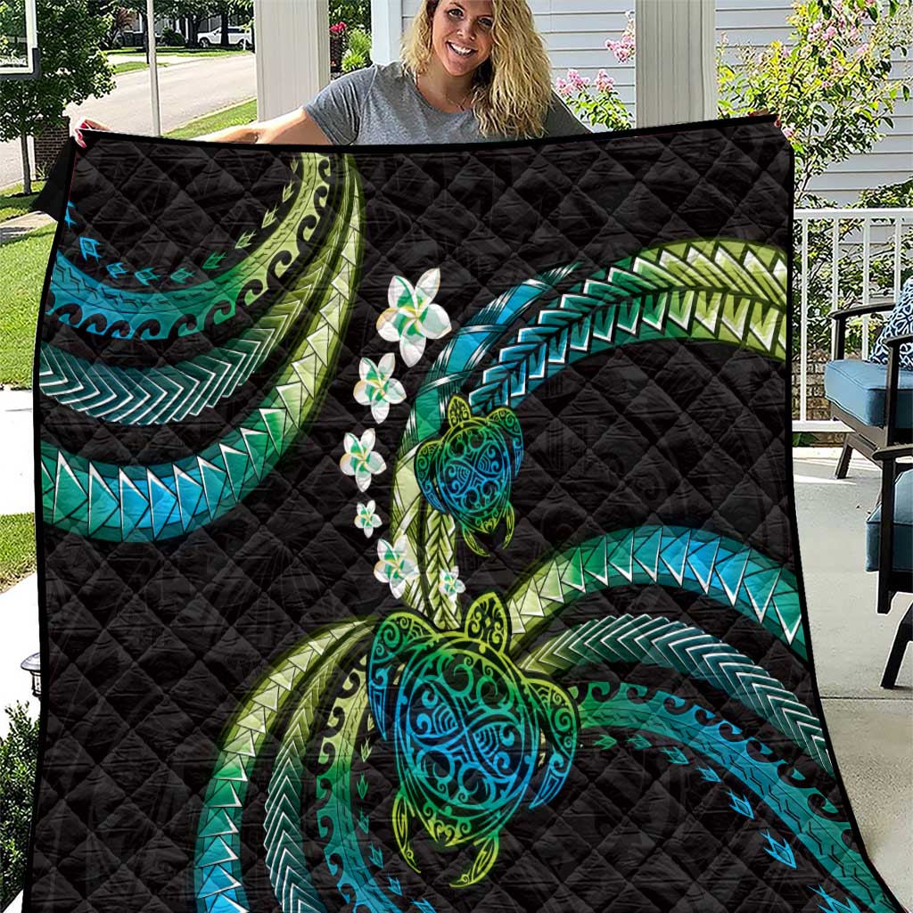 Hawaii Turtles Plumeria Quilt Chartreuse Cyan Polynesian Pattern