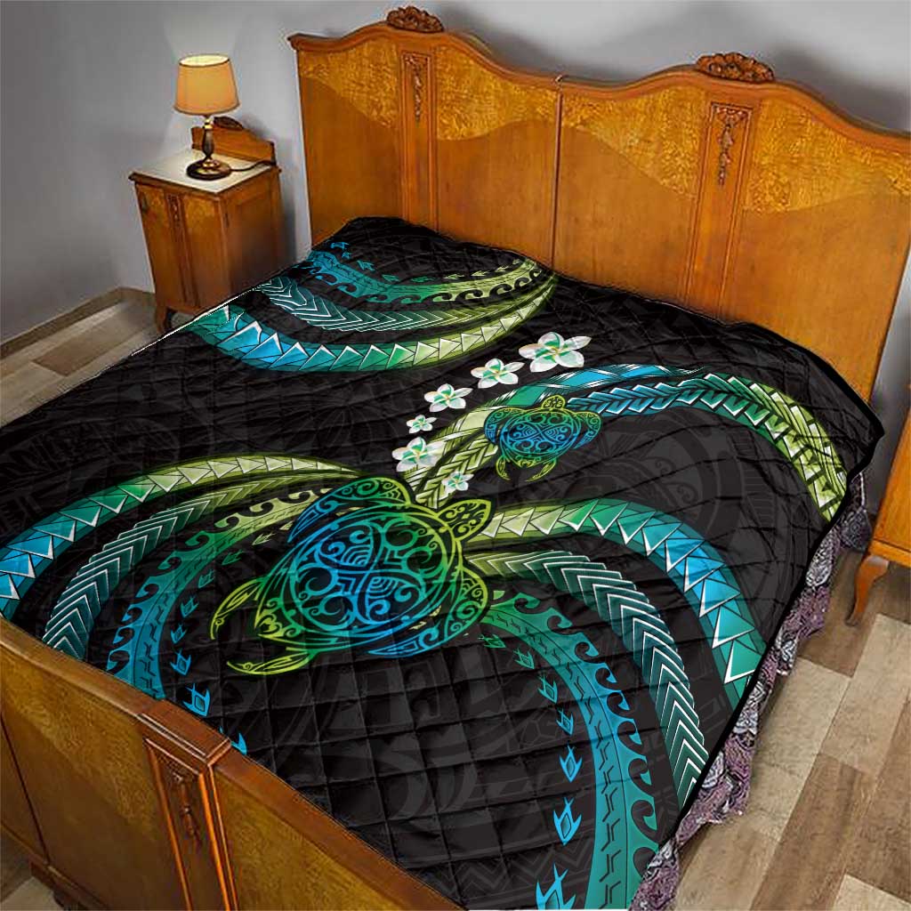 Hawaii Turtles Plumeria Quilt Chartreuse Cyan Polynesian Pattern
