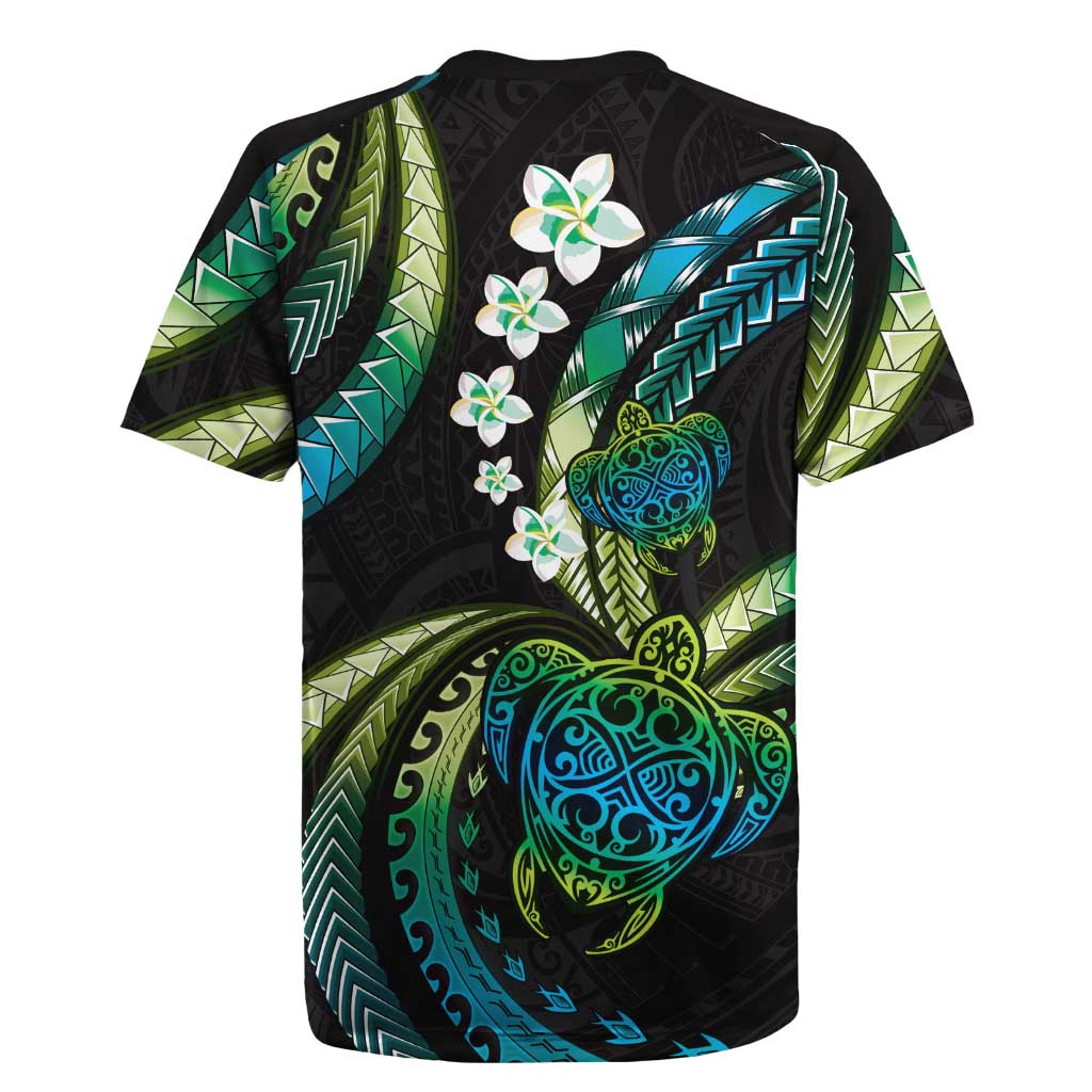 Hawaii Turtles Plumeria Rugby Jersey Chartreuse Cyan Polynesian Pattern