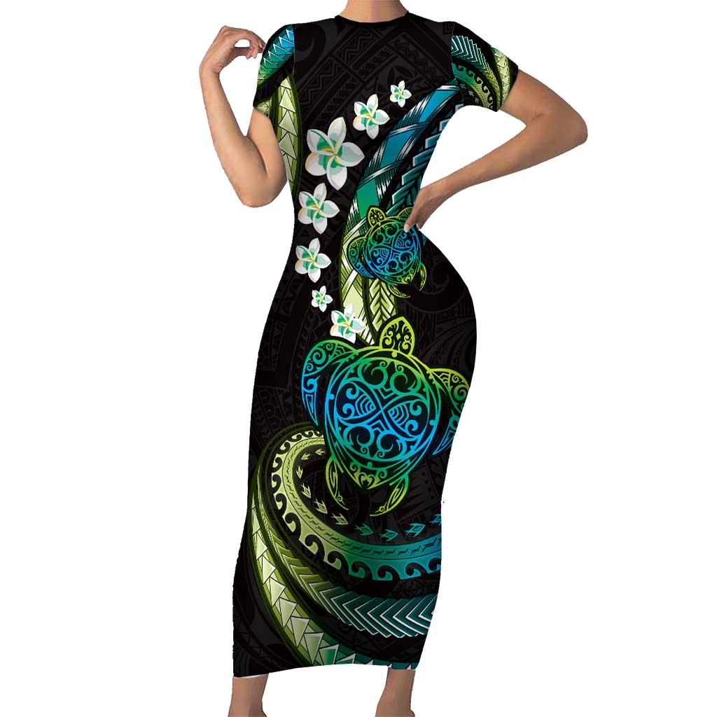 Hawaii Turtles Plumeria Short Sleeve Bodycon Dress Chartreuse Cyan Polynesian Pattern