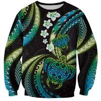 Hawaii Turtles Plumeria Sweatshirt Chartreuse Cyan Polynesian Pattern