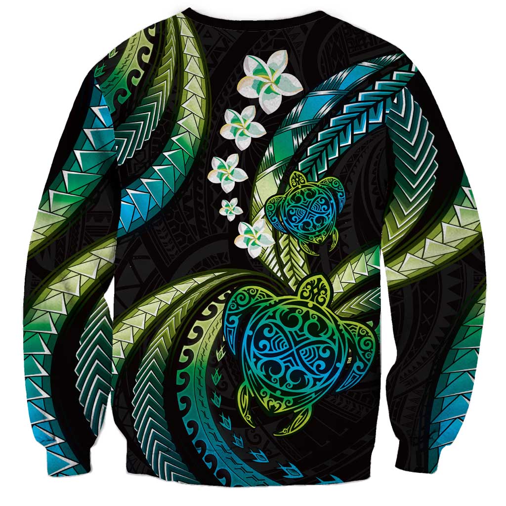 Hawaii Turtles Plumeria Sweatshirt Chartreuse Cyan Polynesian Pattern