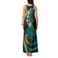 Hawaii Turtles Plumeria Tank Maxi Dress Chartreuse Cyan Polynesian Pattern
