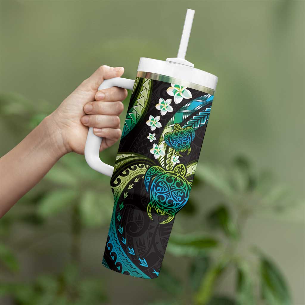 Hawaii Turtles Plumeria Tumbler With Handle Chartreuse Cyan Polynesian Pattern