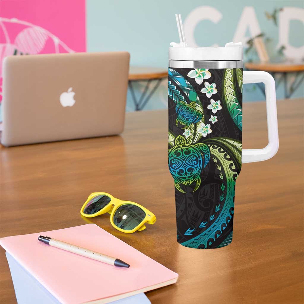 Hawaii Turtles Plumeria Tumbler With Handle Chartreuse Cyan Polynesian Pattern