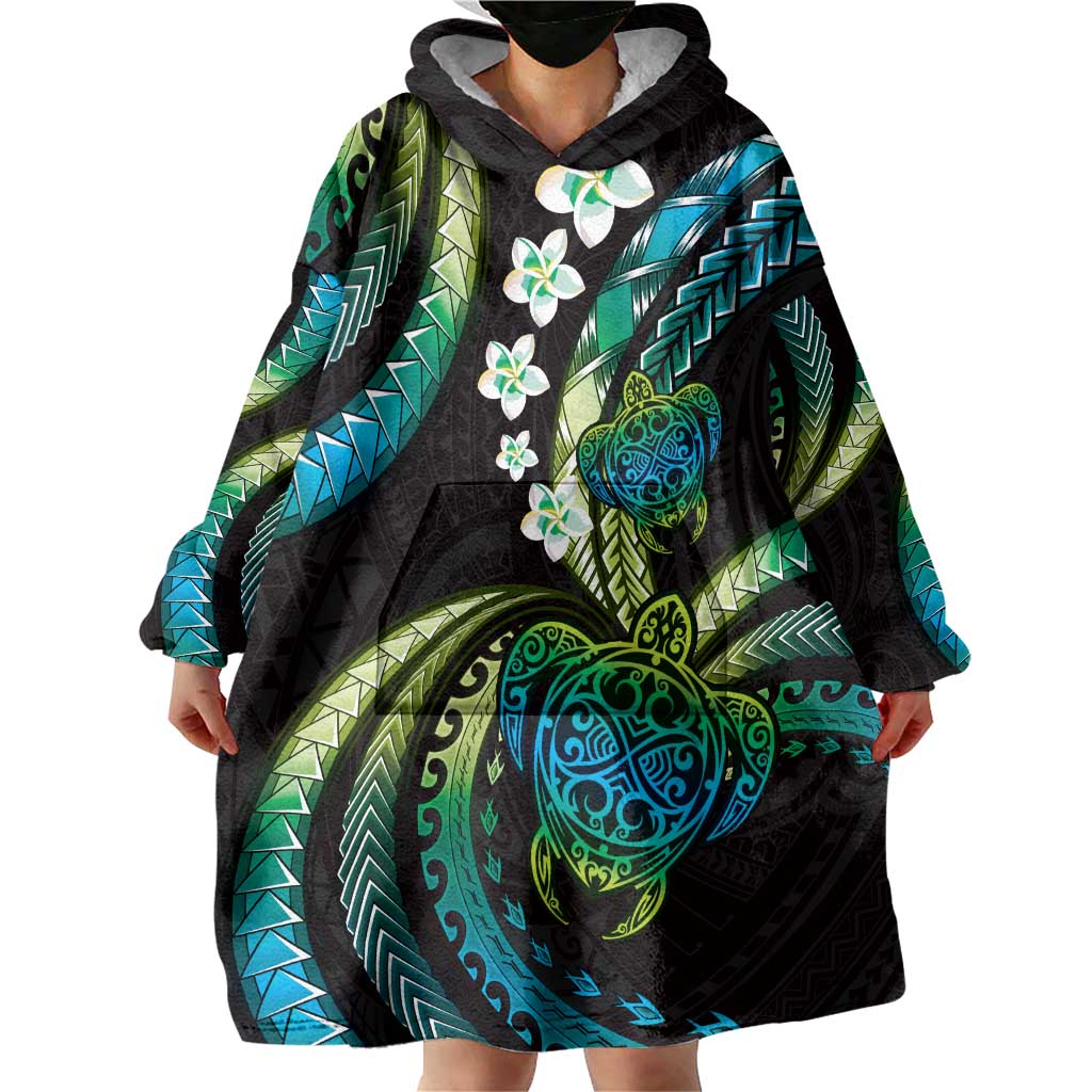 Hawaii Turtles Plumeria Wearable Blanket Hoodie Chartreuse Cyan Polynesian Pattern