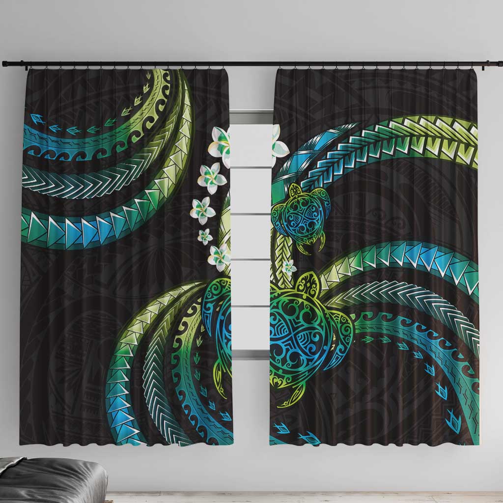 Hawaii Turtles Plumeria Window Curtain Chartreuse Cyan Polynesian Pattern