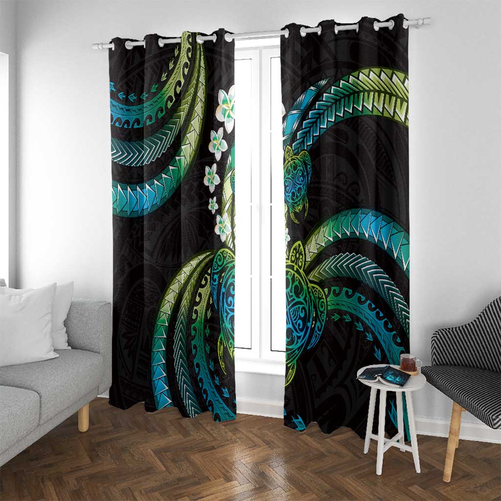 Hawaii Turtles Plumeria Window Curtain Chartreuse Cyan Polynesian Pattern
