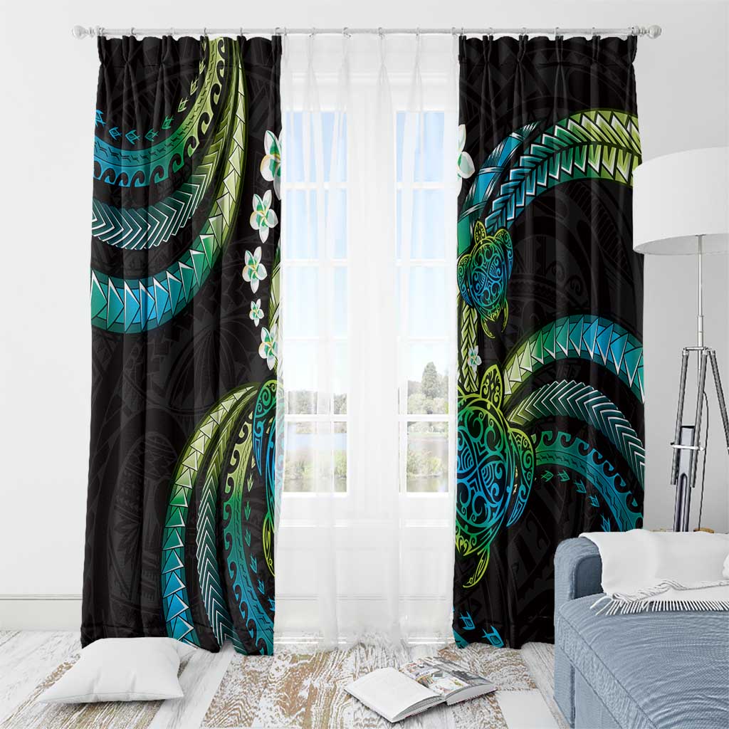Hawaii Turtles Plumeria Window Curtain Chartreuse Cyan Polynesian Pattern