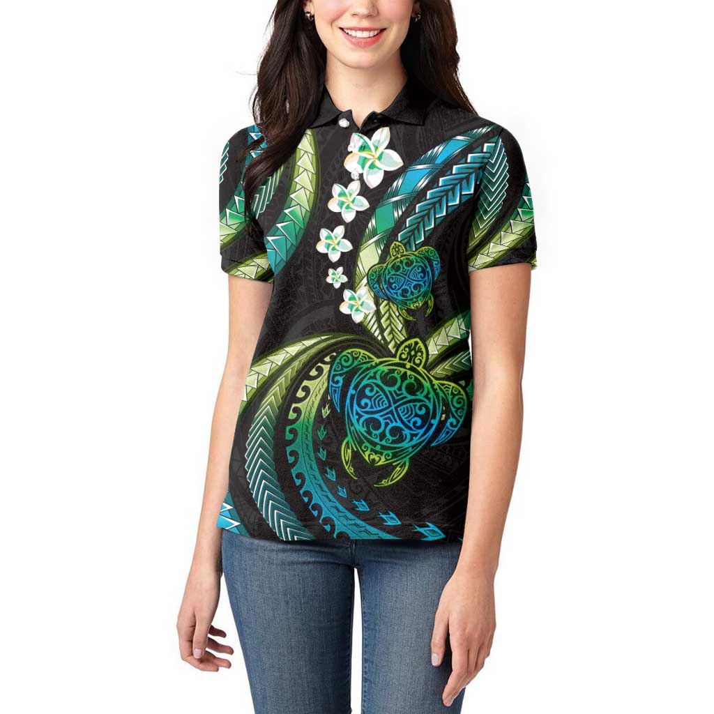 Hawaii Turtles Plumeria Women Polo Shirt Chartreuse Cyan Polynesian Pattern
