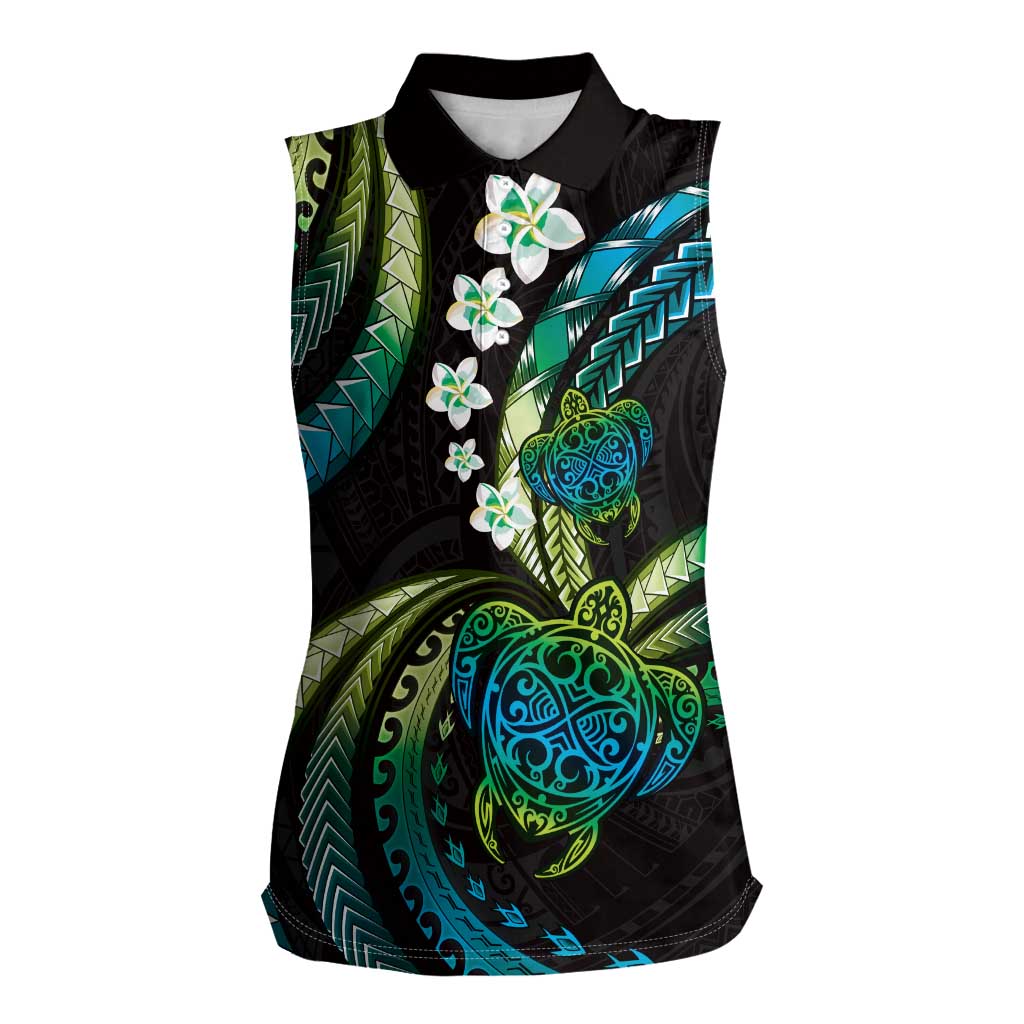 Hawaii Turtles Plumeria Women Sleeveless Polo Shirt Chartreuse Cyan Polynesian Pattern