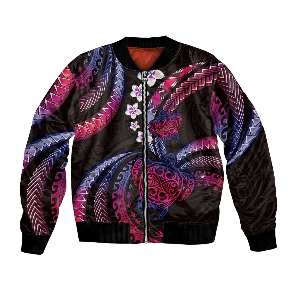 Hawaii Turtles Plumeria Bomber Jacket Sweet Gradient Polynesian Pattern