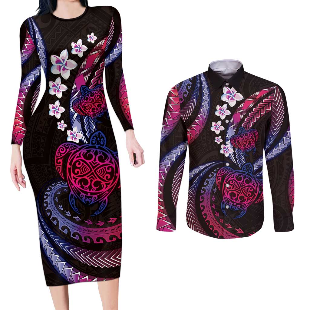 Hawaii Turtles Plumeria Couples Matching Long Sleeve Bodycon Dress and Long Sleeve Button Shirt Sweet Gradient Polynesian Pattern