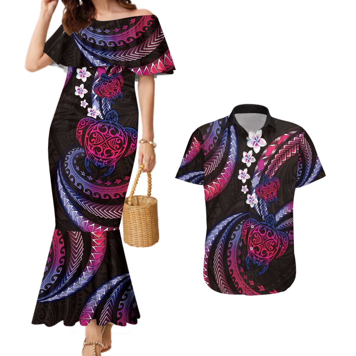 Hawaii Turtles Plumeria Couples Matching Mermaid Dress and Hawaiian Shirt Sweet Gradient Polynesian Pattern