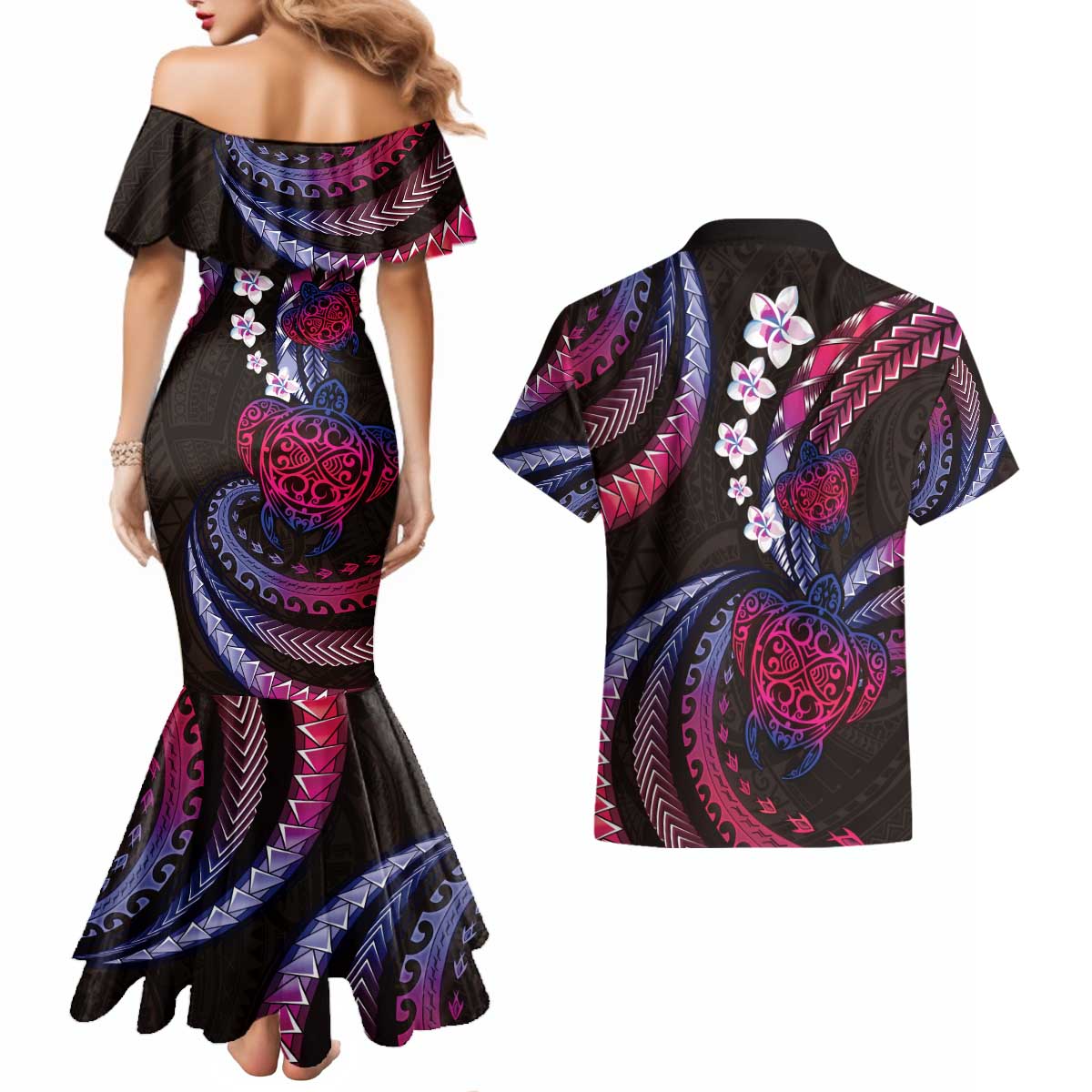 Hawaii Turtles Plumeria Couples Matching Mermaid Dress and Hawaiian Shirt Sweet Gradient Polynesian Pattern