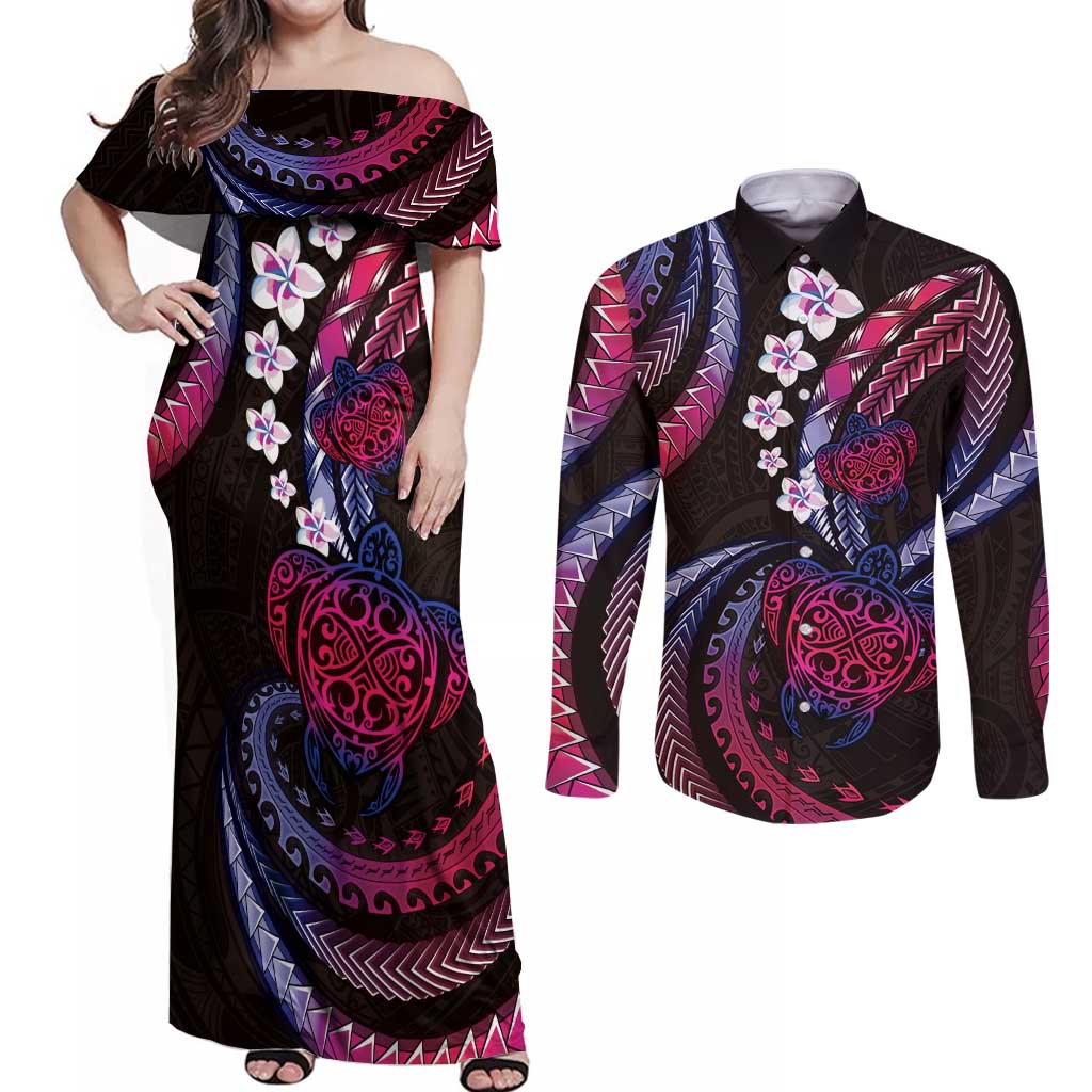 Hawaii Turtles Plumeria Couples Matching Off Shoulder Maxi Dress and Long Sleeve Button Shirt Sweet Gradient Polynesian Pattern
