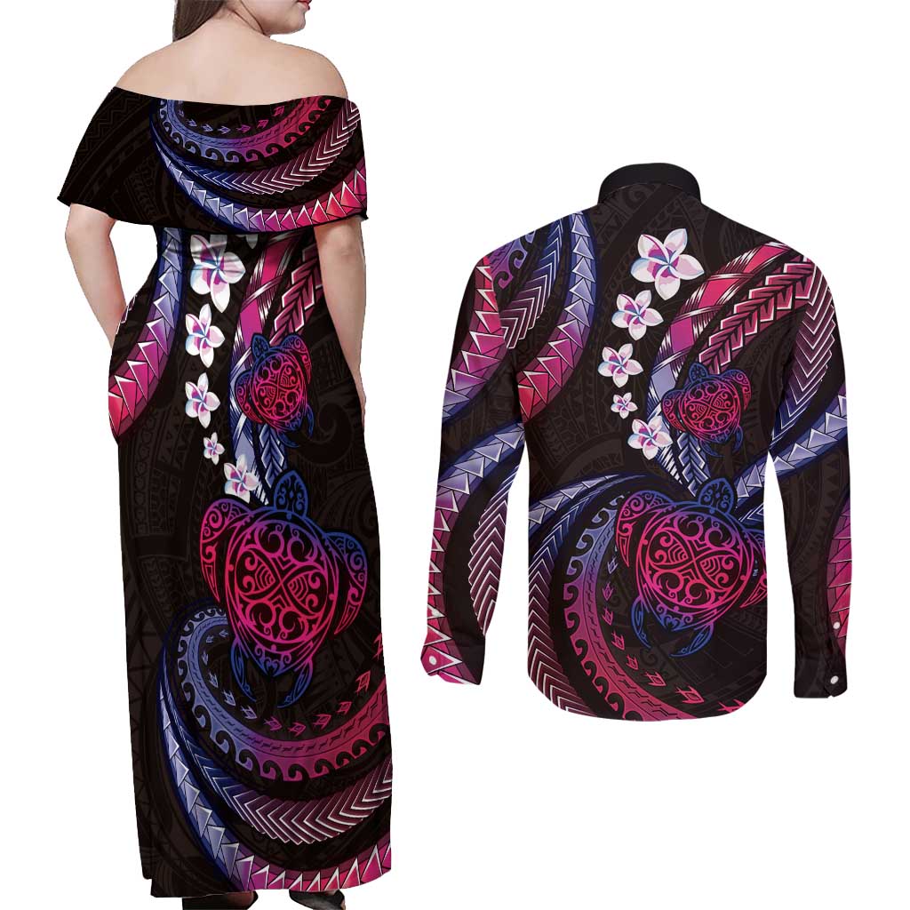 Hawaii Turtles Plumeria Couples Matching Off Shoulder Maxi Dress and Long Sleeve Button Shirt Sweet Gradient Polynesian Pattern
