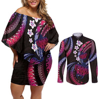 Hawaii Turtles Plumeria Couples Matching Off Shoulder Short Dress and Long Sleeve Button Shirt Sweet Gradient Polynesian Pattern