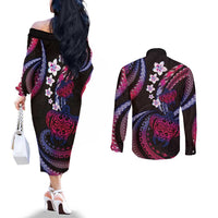 Hawaii Turtles Plumeria Couples Matching Off The Shoulder Long Sleeve Dress and Long Sleeve Button Shirt Sweet Gradient Polynesian Pattern