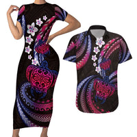 Hawaii Turtles Plumeria Couples Matching Short Sleeve Bodycon Dress and Hawaiian Shirt Sweet Gradient Polynesian Pattern