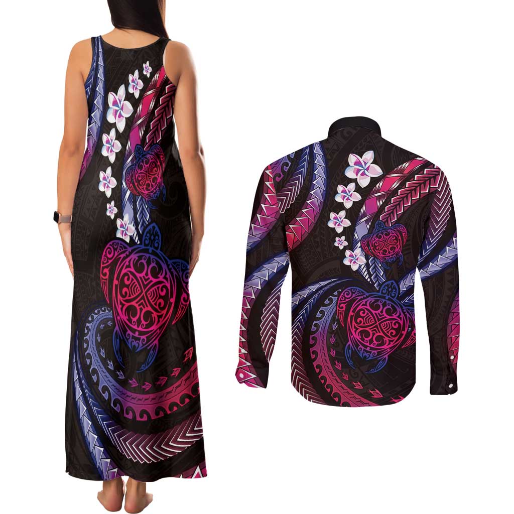 Hawaii Turtles Plumeria Couples Matching Tank Maxi Dress and Long Sleeve Button Shirt Sweet Gradient Polynesian Pattern