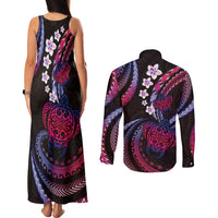 Hawaii Turtles Plumeria Couples Matching Tank Maxi Dress and Long Sleeve Button Shirt Sweet Gradient Polynesian Pattern