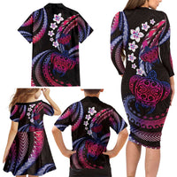 Hawaii Turtles Plumeria Family Matching Long Sleeve Bodycon Dress and Hawaiian Shirt Sweet Gradient Polynesian Pattern