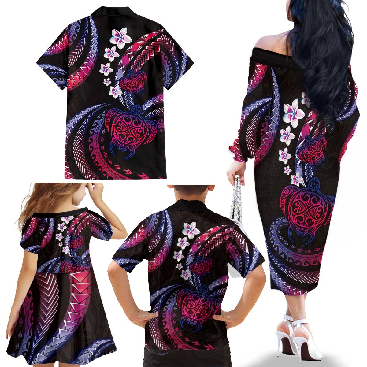 Hawaii Turtles Plumeria Family Matching Off The Shoulder Long Sleeve Dress and Hawaiian Shirt Sweet Gradient Polynesian Pattern