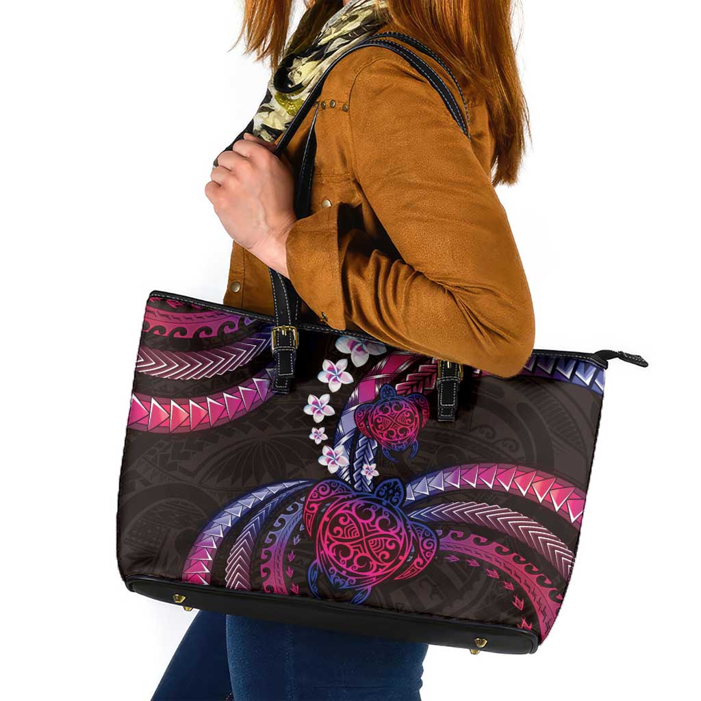 Hawaii Turtles Plumeria Leather Tote Bag Sweet Gradient Polynesian Pattern LT01 Pink - Polynesian Pride