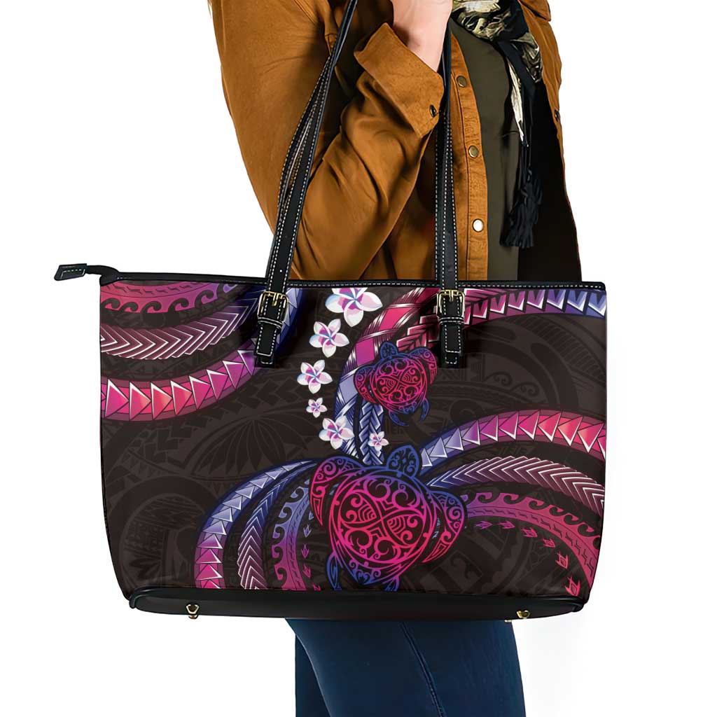 Hawaii Turtles Plumeria Leather Tote Bag Sweet Gradient Polynesian Pattern LT01 - Polynesian Pride