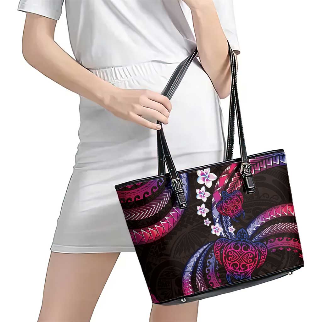 Hawaii Turtles Plumeria Leather Tote Bag Sweet Gradient Polynesian Pattern LT01 - Polynesian Pride