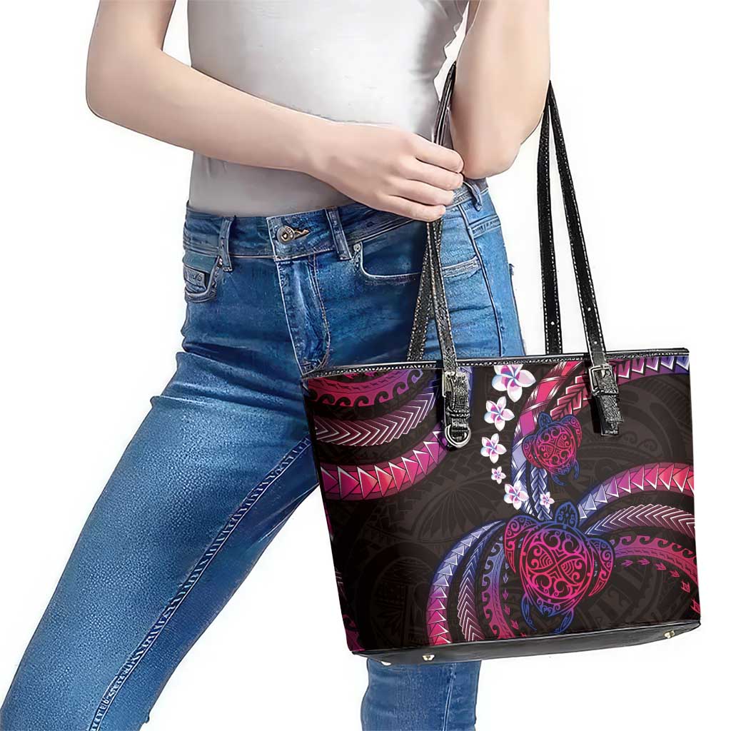 Hawaii Turtles Plumeria Leather Tote Bag Sweet Gradient Polynesian Pattern LT01 - Polynesian Pride