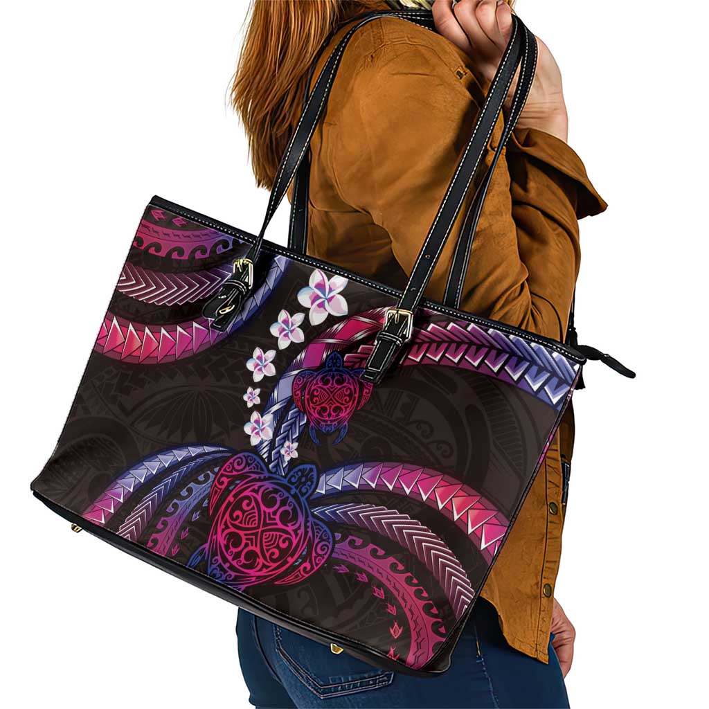 Hawaii Turtles Plumeria Leather Tote Bag Sweet Gradient Polynesian Pattern LT01 - Polynesian Pride