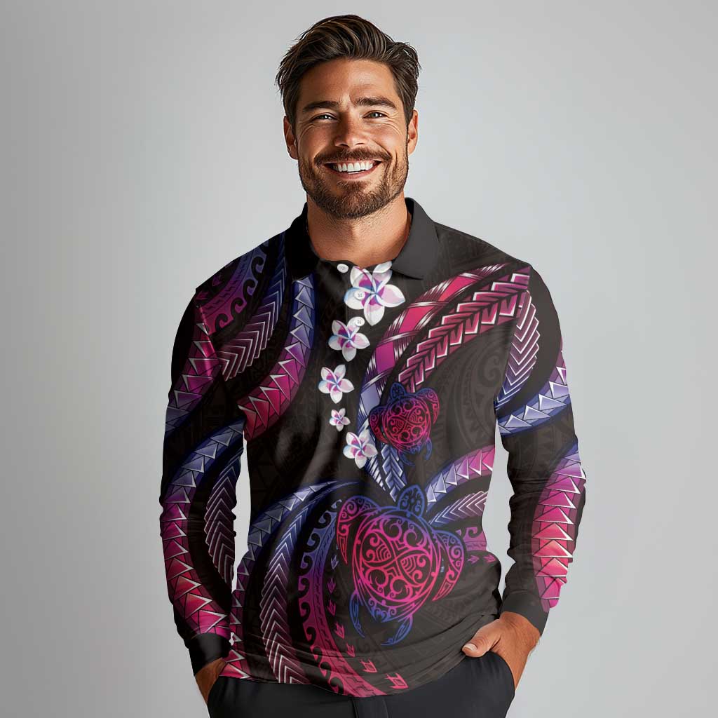 Hawaii Turtles Plumeria Long Sleeve Polo Shirt Sweet Gradient Polynesian Pattern