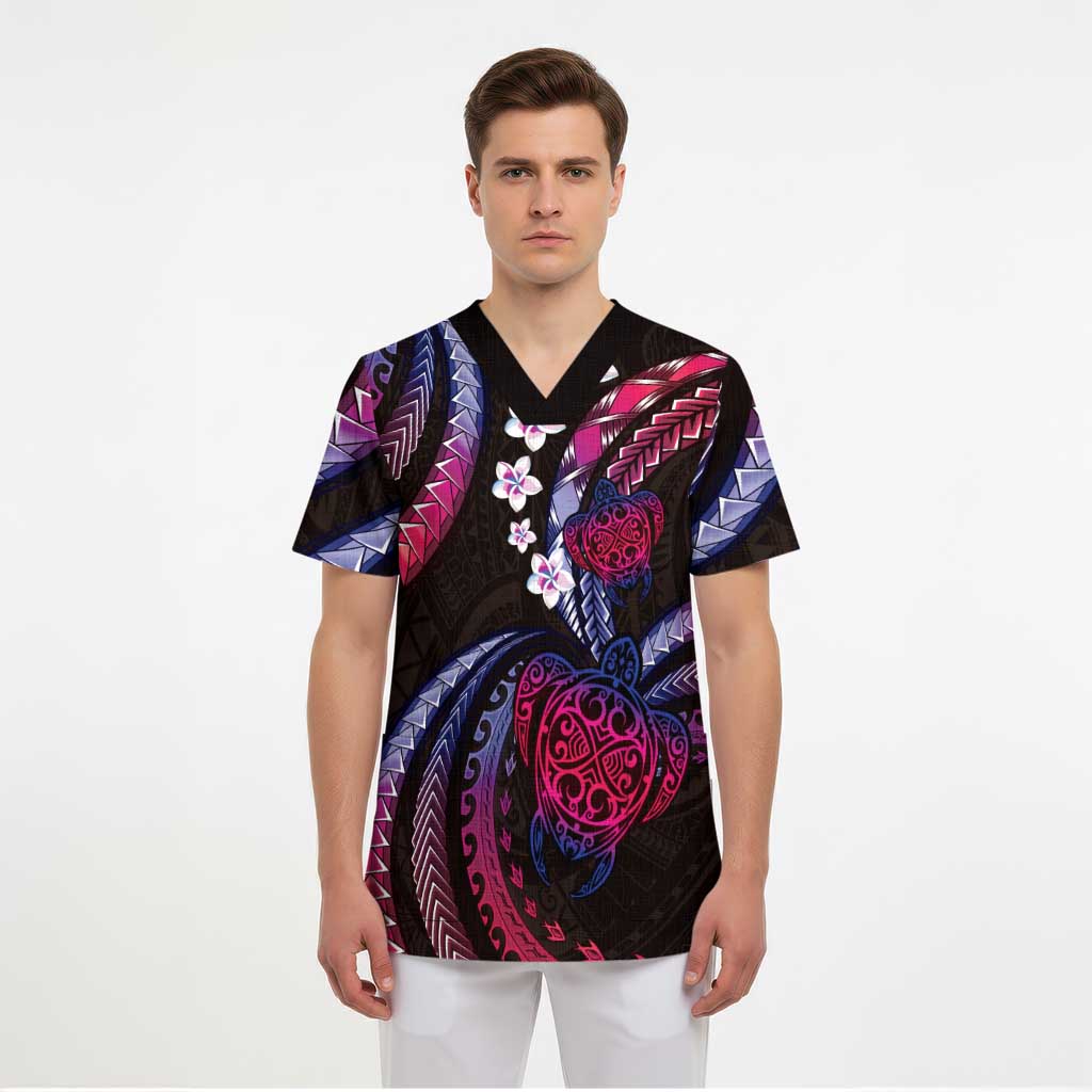 Hawaii Turtles Plumeria Scrub Top Sweet Gradient Polynesian Pattern - Polynesian Pride