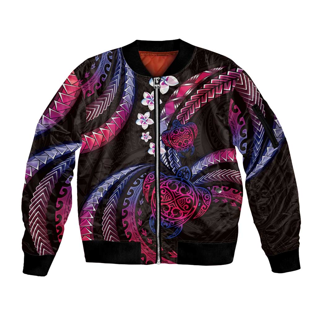Hawaii Turtles Plumeria Sleeve Zip Bomber Jacket Sweet Gradient Polynesian Pattern